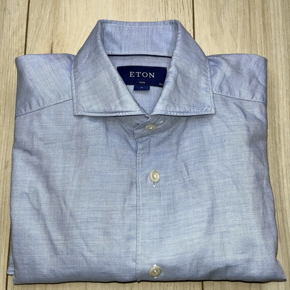 Eton Slim Casual Button Up Shirt Cotton Silk Blend Blue Mens Size Medium 15 1/2 - Picture 13 of 13